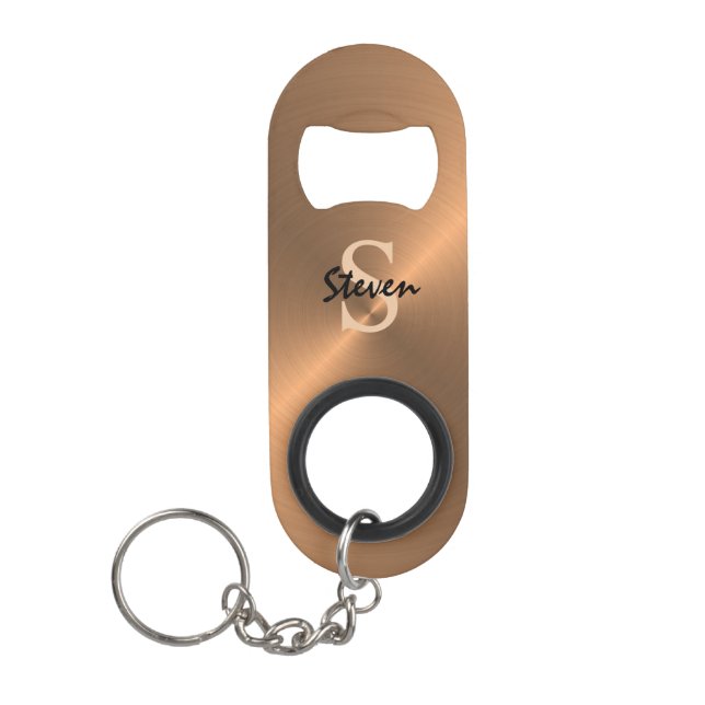 Elegant Metallic Bronze Gold Monogram Mens Keychain Bottle Opener (Front)