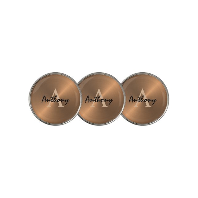 Elegant Metallic Bronze Gold Monogram Name Golf Ball Marker (3 Up)