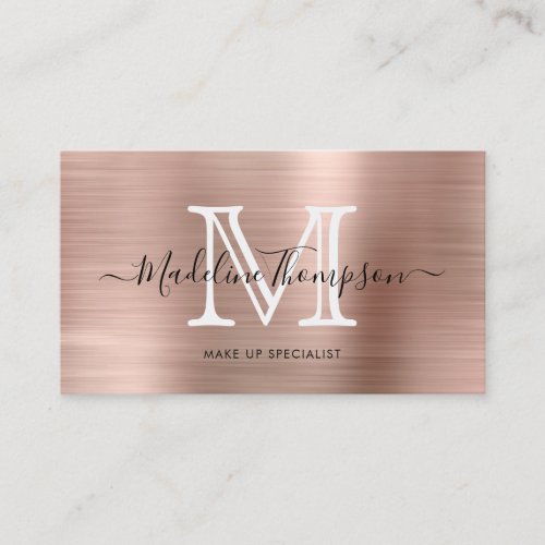 Elegant Metallic Brushed Rose Gold Monogram Business Card