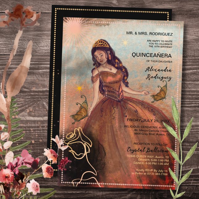 Elegant Metallic Copper-Luxe Gown Invitation (Elegant Vintage Copper Rose Quinceañera Invitation)