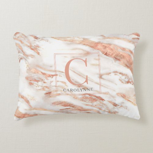 Elegant Metallic Copper Rose Gold Marble Monogram Accent Pillow