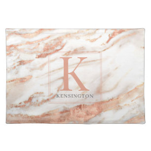 Elegant Metallic Copper Rose Gold Marble Monogram Cloth Placemat