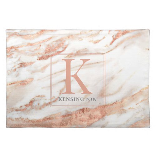 Elegant Metallic Copper Rose Gold Marble Monogram Cloth Placemat