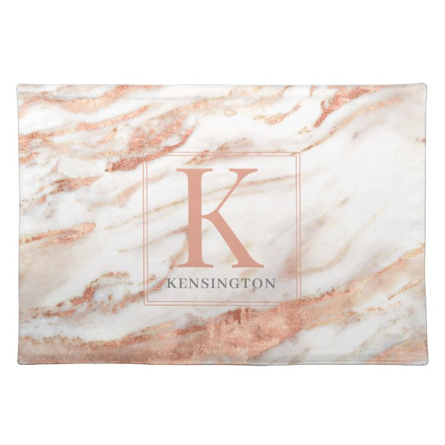 Elegant Metallic Copper Rose Gold Marble Monogram Cloth Placemat (Front)