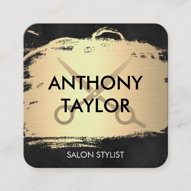 Elegant Metallic Gold and Lush Black Stylist Square Business Card (Front)