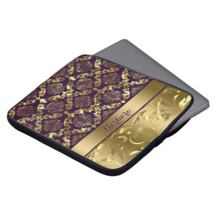 Elegant Metallic Gold And Purple Damasks And Lace Laptop Sleeve