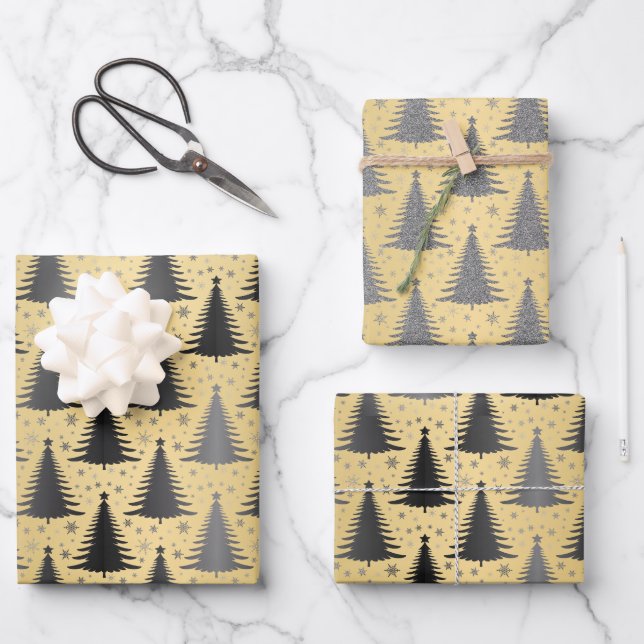 Elegant Metallic Gold Black Christmas Tree Pattern Wrapping Paper Sheets (Front)