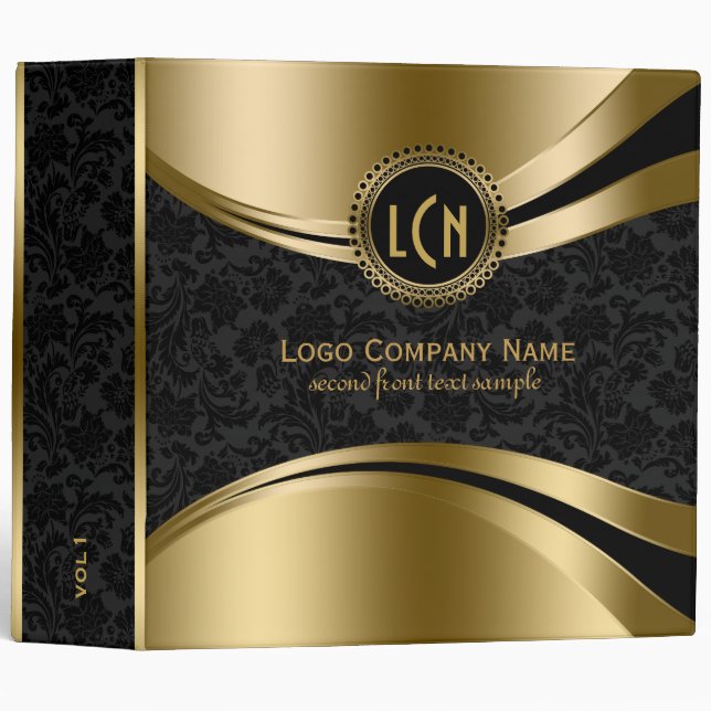 Elegant Metallic Gold & Black Damasks 3 Ring Binder (Front/Spine)