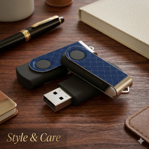 Elegant Metallic Gold Box Stripe Navy Flash Drive