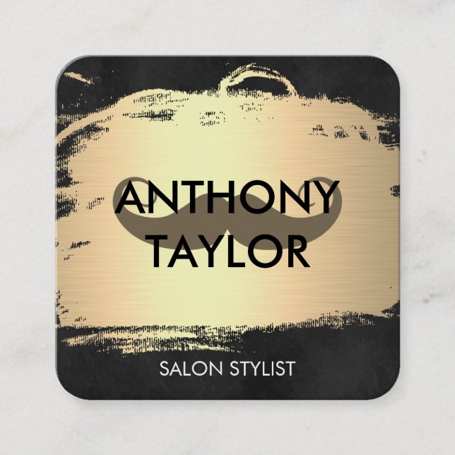Elegant Metallic Gold Brushed with Mustache Square Business Card (Front)