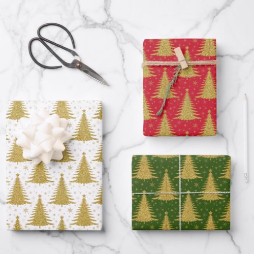 Elegant Metallic Gold Christmas Trees Pattern Wrapping Paper Sheets