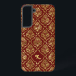 Elegant Metallic Gold Damasks Pattern On Dark Red Samsung Galaxy S22  Case<br><div class="desc">Metallic gold texture print,  vintage floral damasks with a custom dark red background. Customizable monogram.</div>
