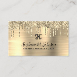 Elegant Metallic Gold Glitter Drip Monogram Logo Business Card