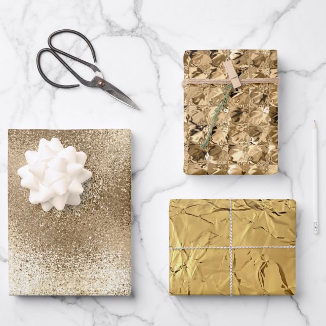Elegant Metallic Gold Glitter Foil Christmas  Wrapping Paper Sheets (Front)