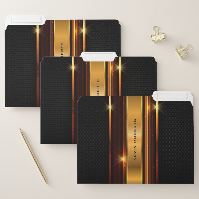 Elegant metallic gold stripes black background file folder (Set)