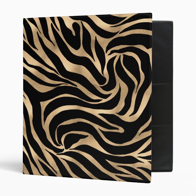 Elegant Metallic Gold Zebra Black Animal Print 3 Ring Binder (Front/Inside)