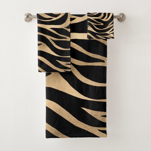 Elegant Metallic Gold Zebra Black Animal Print Bath Towel Set