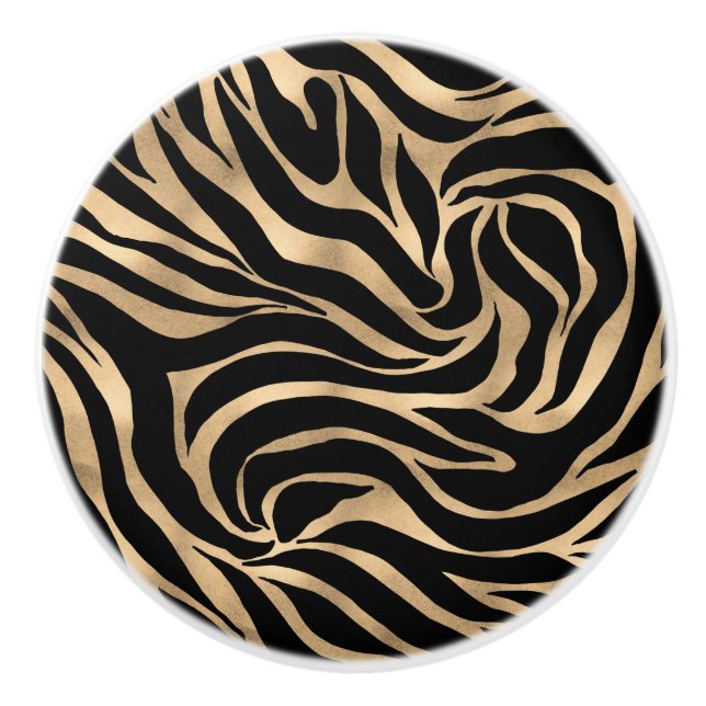 Elegant Metallic Gold Zebra Black Animal Print Ceramic Knob (Front)
