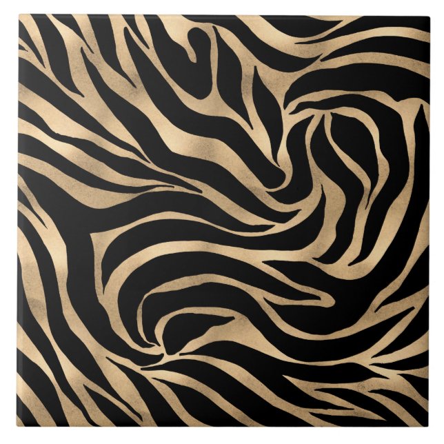 Elegant Metallic Gold Zebra Black Animal Print Ceramic Tile (Front)