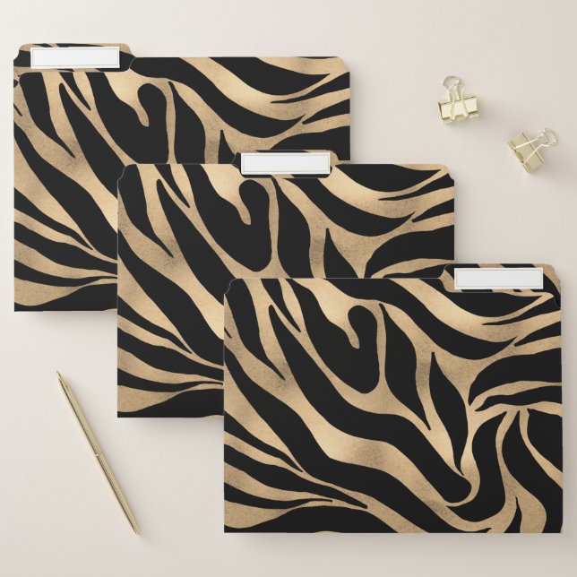 Elegant Metallic Gold Zebra Black Animal Print File Folder (Set)