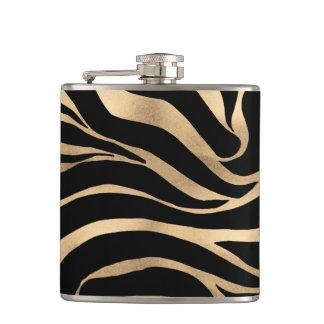 Elegant Metallic Gold Zebra Black Animal Print Flask