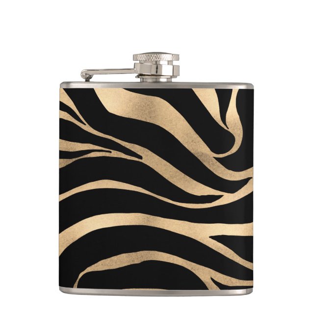 Elegant Metallic Gold Zebra Black Animal Print Flask (Front)
