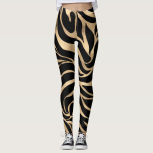 Elegant Metallic Gold Zebra Black Animal Print Leggings