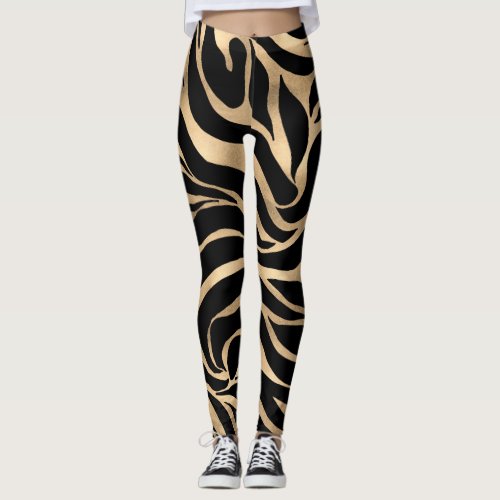 Elegant Metallic Gold Zebra Black Animal Print Leggings