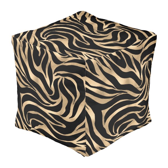 Elegant Metallic Gold Zebra Black Animal Print Pouf (Angled Front)