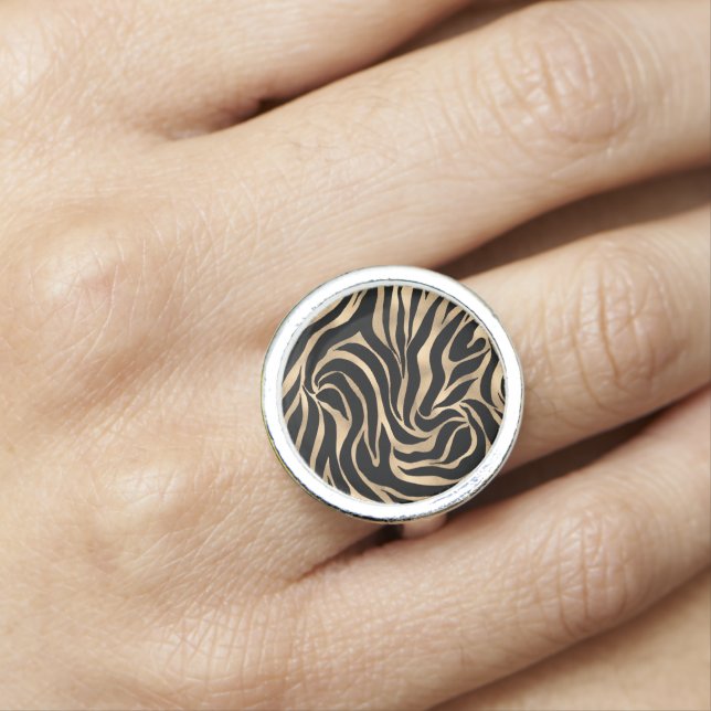 Elegant Metallic Gold Zebra Black Animal Print Ring (In Situ)