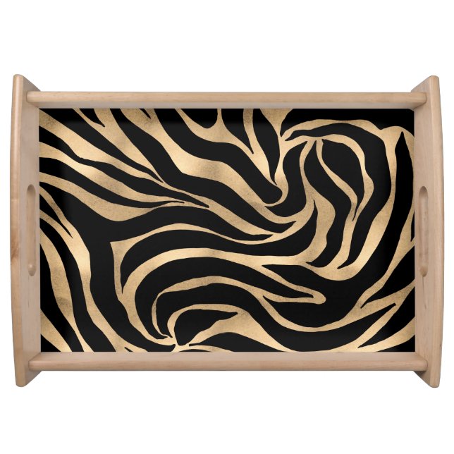 Elegant Metallic Gold Zebra Black Animal Print Serving Tray (Front)
