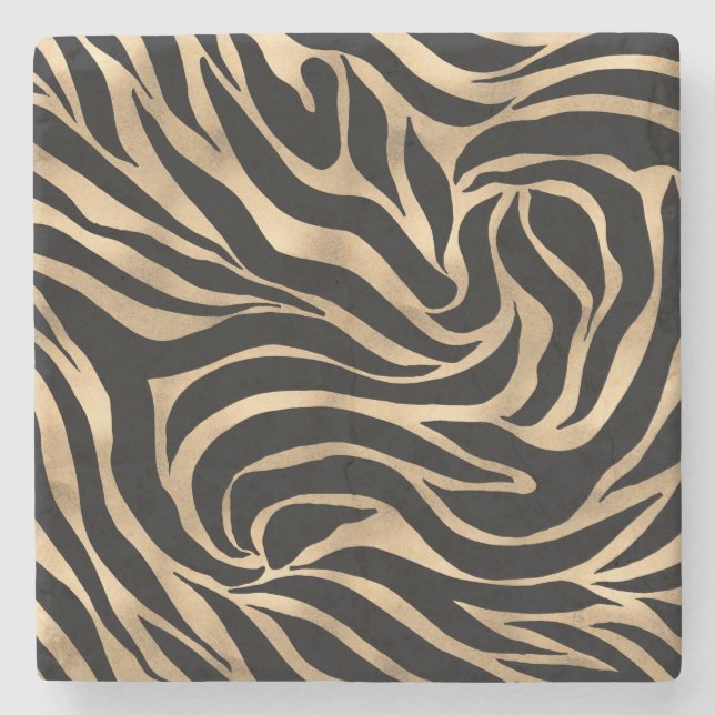 Elegant Metallic Gold Zebra Black Animal Print Stone Coaster (Front)