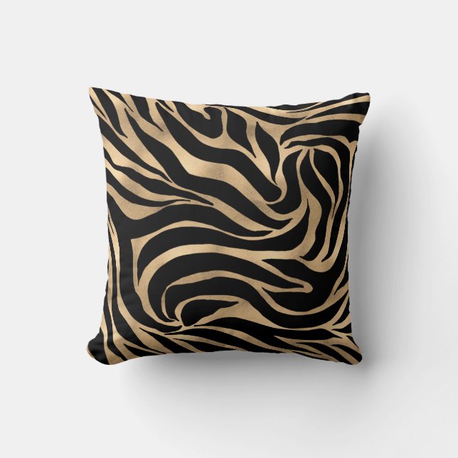 Elegant Metallic Gold Zebra Black Animal Print Throw Pillow (Front)