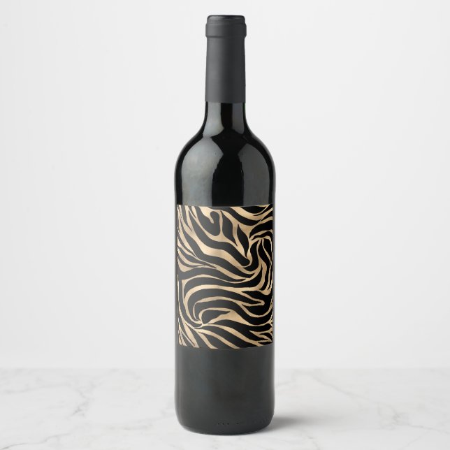 Elegant Metallic Gold Zebra Black Animal Print Wine Label (Front)