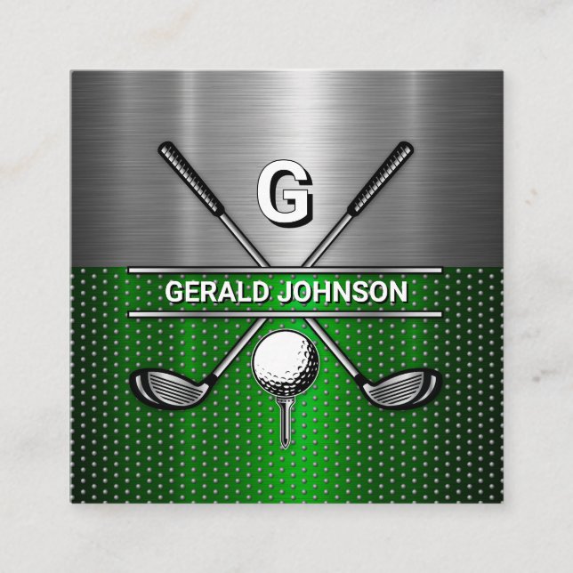 Elegant Metallic Green and Silver Golf Monogram Square Business Card (Front)