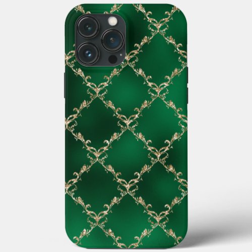 Elegant Metallic Green Gold Damask iPhone 13 Pro Max Case