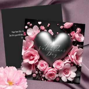Elegant Metallic Heart & Pink Flowers Valentine's Card