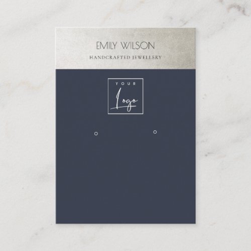 ELEGANT METALLIC NAVY SILVER LOGO EARRING DISPLAY BUSINESS CARD