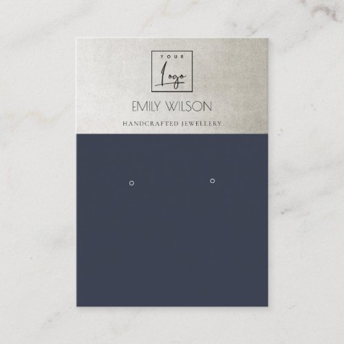 ELEGANT METALLIC NAVY SILVER LOGO EARRING DISPLAY BUSINESS CARD