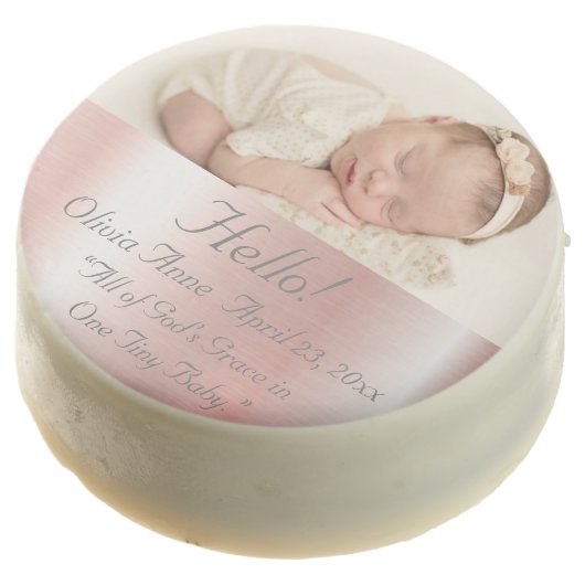 Elegant Metallic Pink Name Baby Girl Hello Chocolate Covered Oreo (Angled)