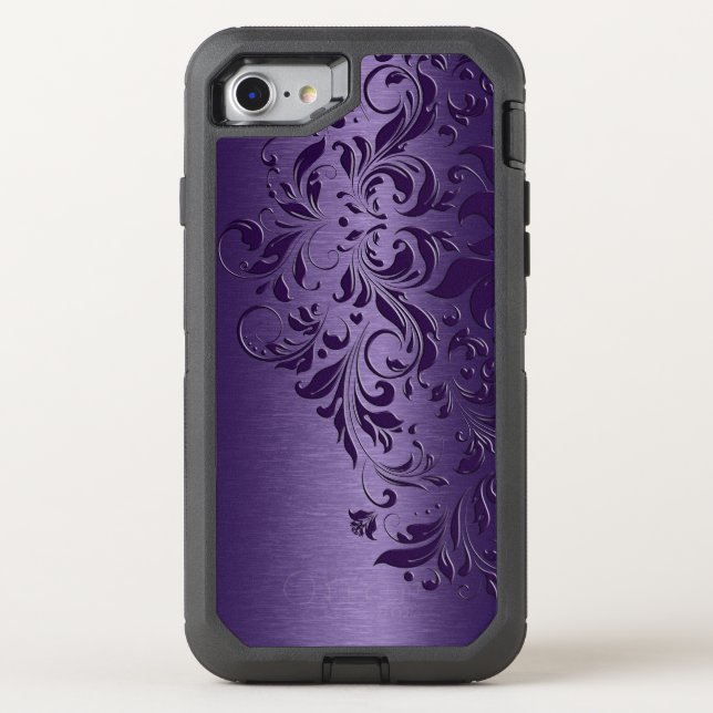 Elegant Metallic Purple Background & Floral Lace Otterbox iPhone Case (Back)