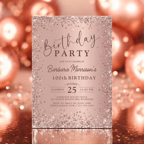 Elegant Metallic Rose Gold Glitter 100th Birthday 