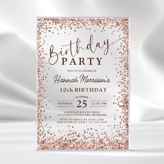 Elegant Metallic Rose Gold Glitter 10th Birthday  Acrylic Invitations (Creator Uploaded)