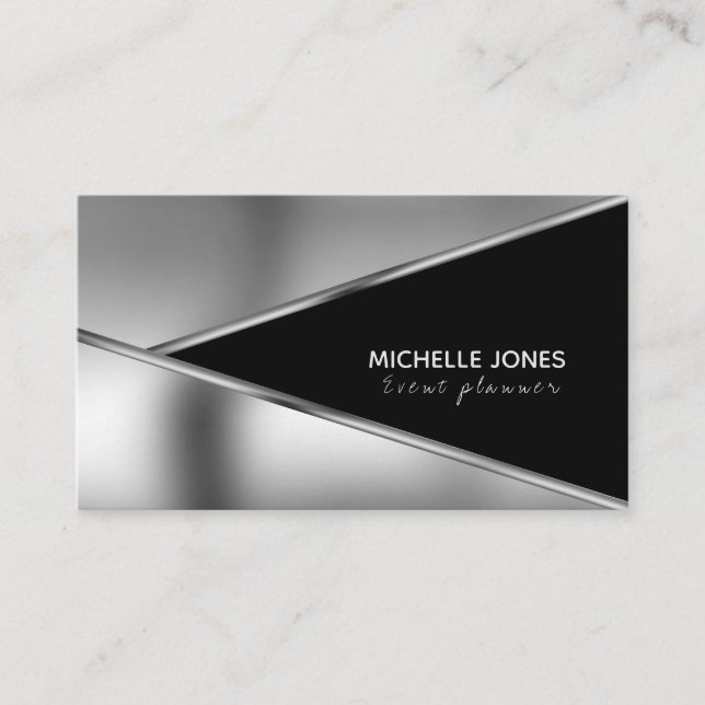 Elegant metallic silver and black business card (Front)