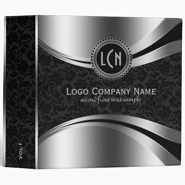 Elegant Metallic Silver & Black Damasks 3 Ring Binder (Front/Spine)