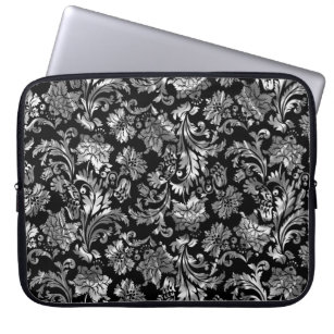 Elegant Metallic Silver & Black Floral Damasks Laptop Sleeve