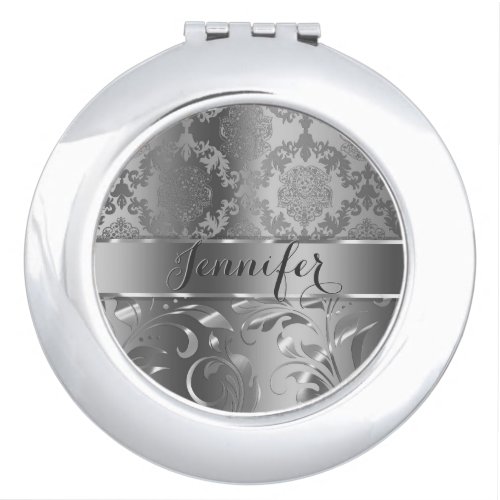 Elegant Metallic Silver Damasks And Lace Monogram Mirror For Makeup