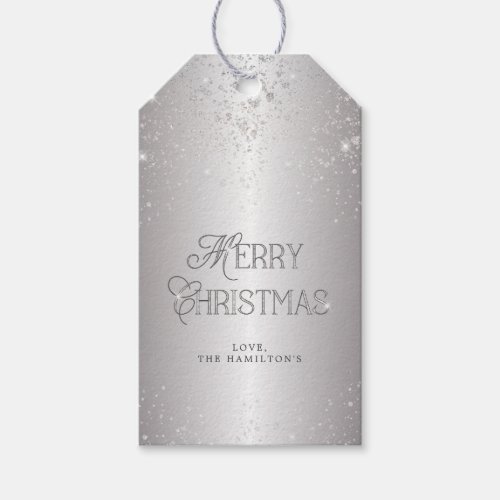 Elegant Metallic Silver Glitter Merry Christmas Gift Tags