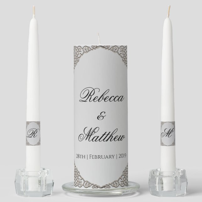 Elegant Metallic Silver Monogrammed Wedding Unity Candle Set (Front)