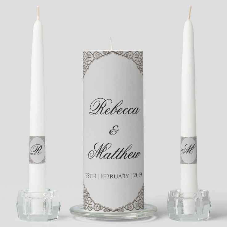 Elegant Metallic Silver Monogrammed Wedding Unity Candle Set | Zazzle